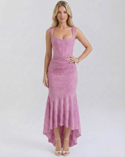 Usha Maxi Dress in soft pink, ankle-length, square neck, sophisticated design from RAMBLION, perfect for elegant occasions.