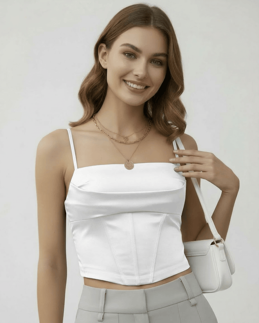 Usma Corset Top by RAMBLION, white satin corset top, modern elegance, perfect for chic outfits.