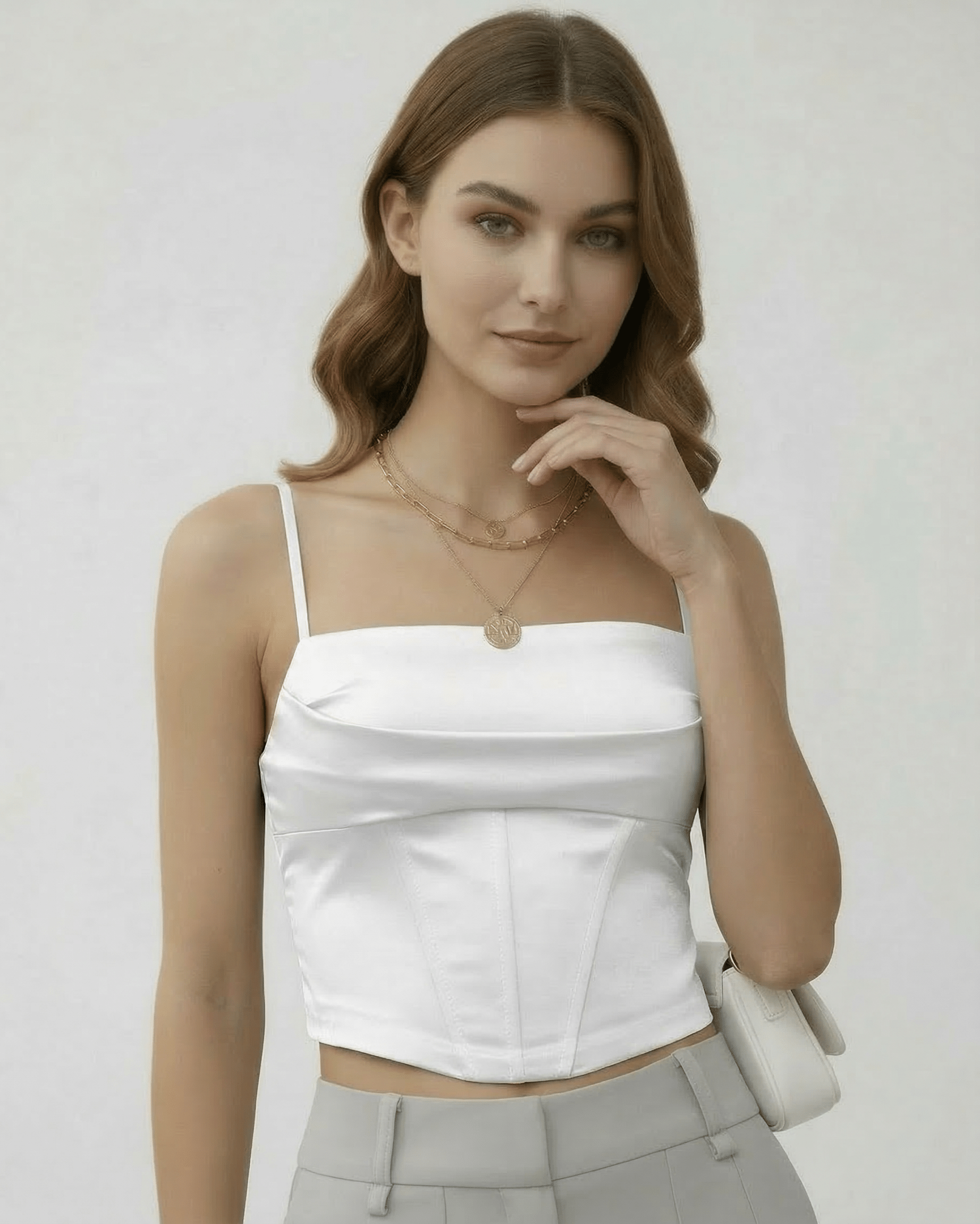 White Satin Round Neck Sleeveless Set, front view | Ramblion | SKU: CCT-17452-white-L-5395,CCT-17452-white-M-7617,CCT-17452-white-S-2795,CCT-17452-white-XL-8659,CCT-17452-white-XS-5952