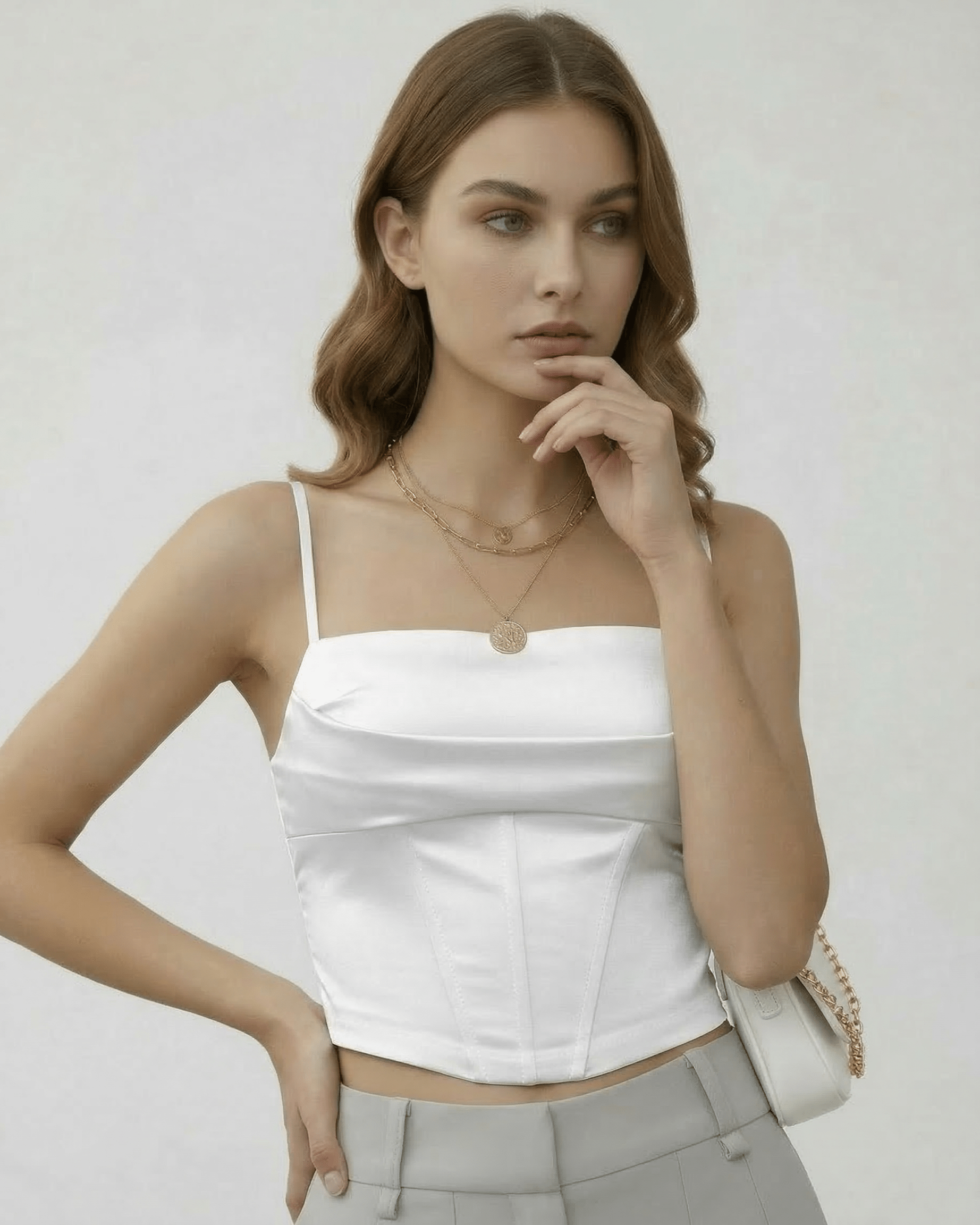 White Satin Round Neck Sleeveless Set, front view | Ramblion | SKU: CCT-17452-white-L-5395,CCT-17452-white-M-7617,CCT-17452-white-S-2795,CCT-17452-white-XL-8659,CCT-17452-white-XS-5952
