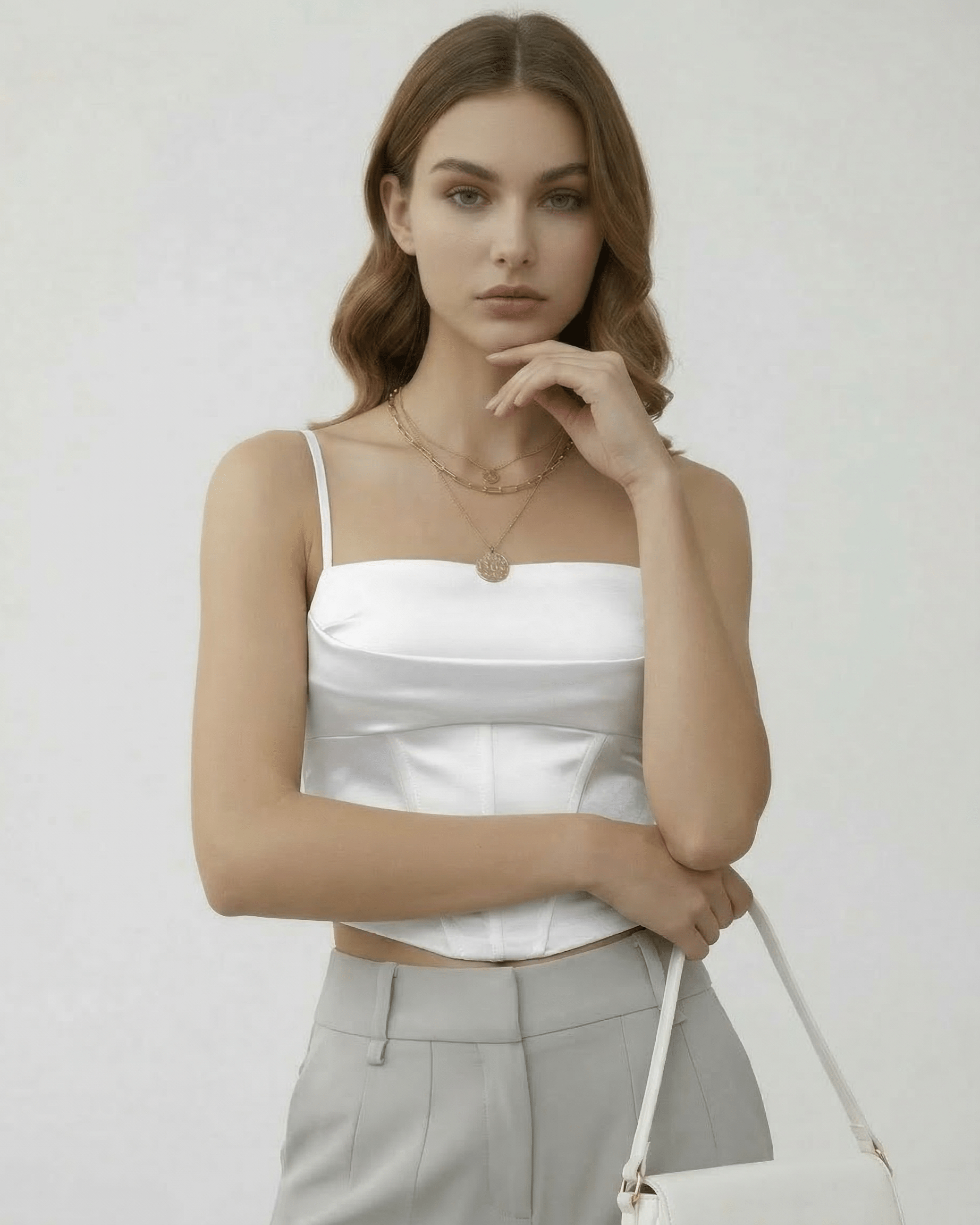 White Satin Round Neck Sleeveless Set, front view | Ramblion | SKU: CCT-17452-white-L-5395,CCT-17452-white-M-7617,CCT-17452-white-S-2795,CCT-17452-white-XL-8659,CCT-17452-white-XS-5952