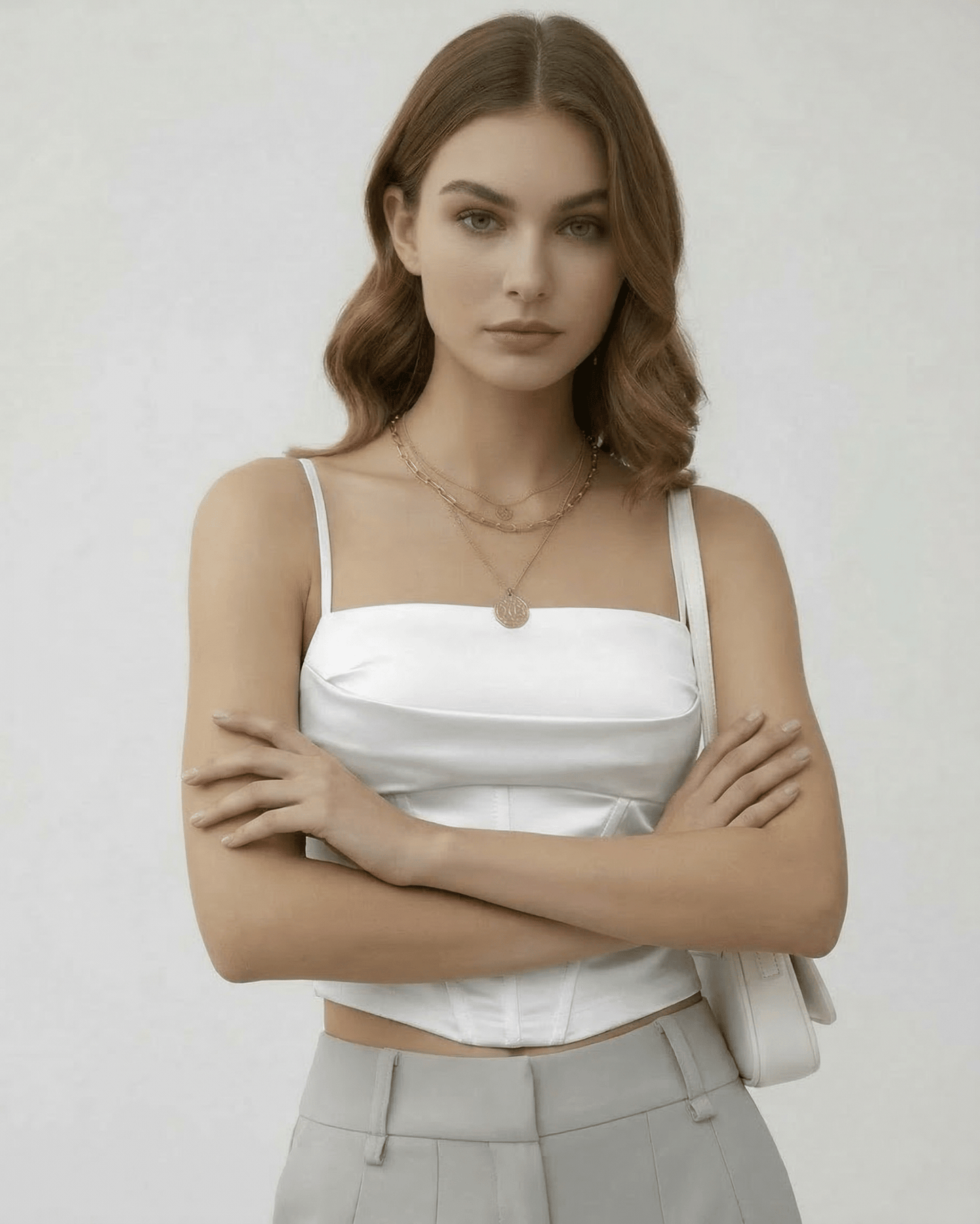 White Satin Round Neck Sleeveless Set, front view | Ramblion | SKU: CCT-17452-white-L-5395,CCT-17452-white-M-7617,CCT-17452-white-S-2795,CCT-17452-white-XL-8659,CCT-17452-white-XS-5952