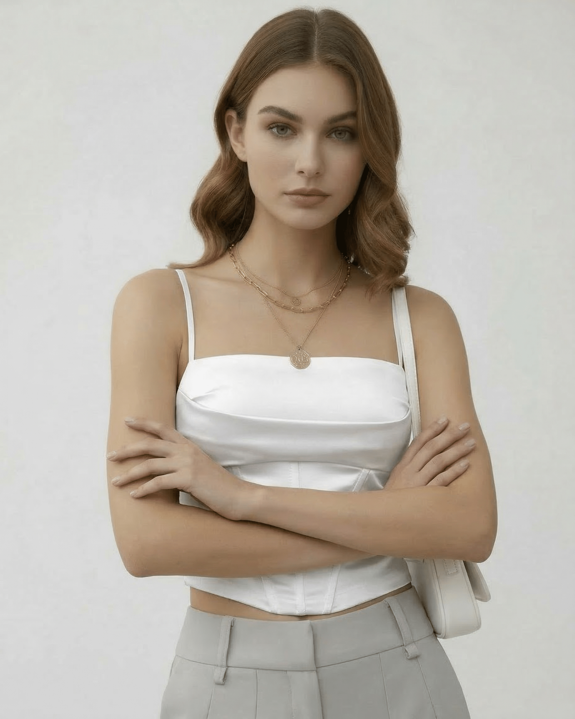 White Satin Round Neck Sleeveless Set, front view | Ramblion | SKU: CCT-17452-white-L-5395,CCT-17452-white-M-7617,CCT-17452-white-S-2795,CCT-17452-white-XL-8659,CCT-17452-white-XS-5952