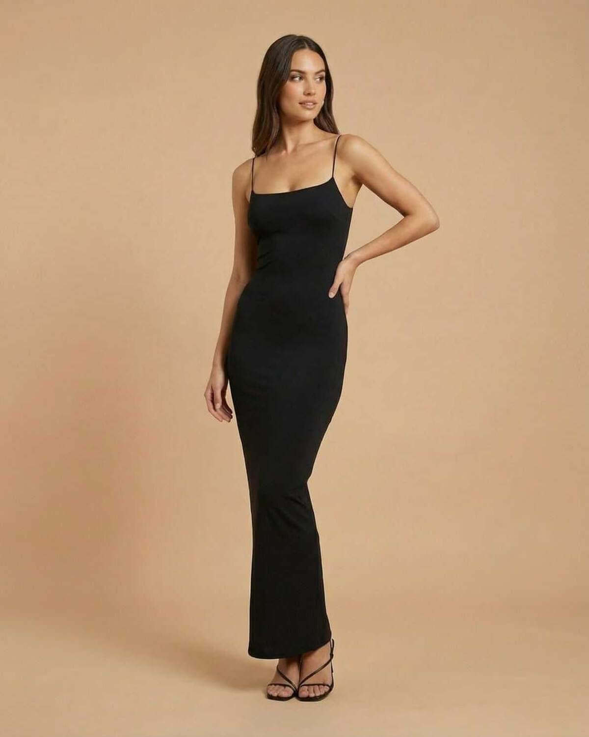 Ussa Maxi Dress, black ankle-length, smooth fabric, chic style for formal occasions, RAMBLION brand