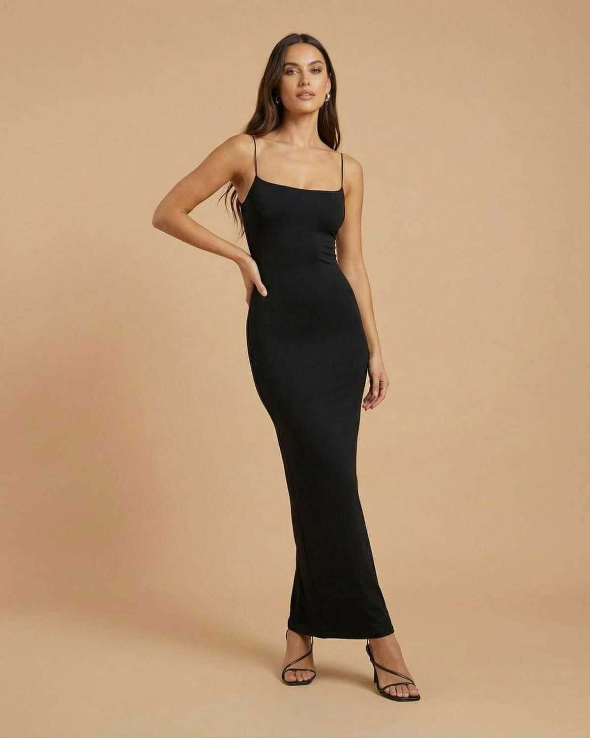 Ussa Maxi Dress, black ankle-length, chic fluid drape by RAMBLION, perfect for formal events.