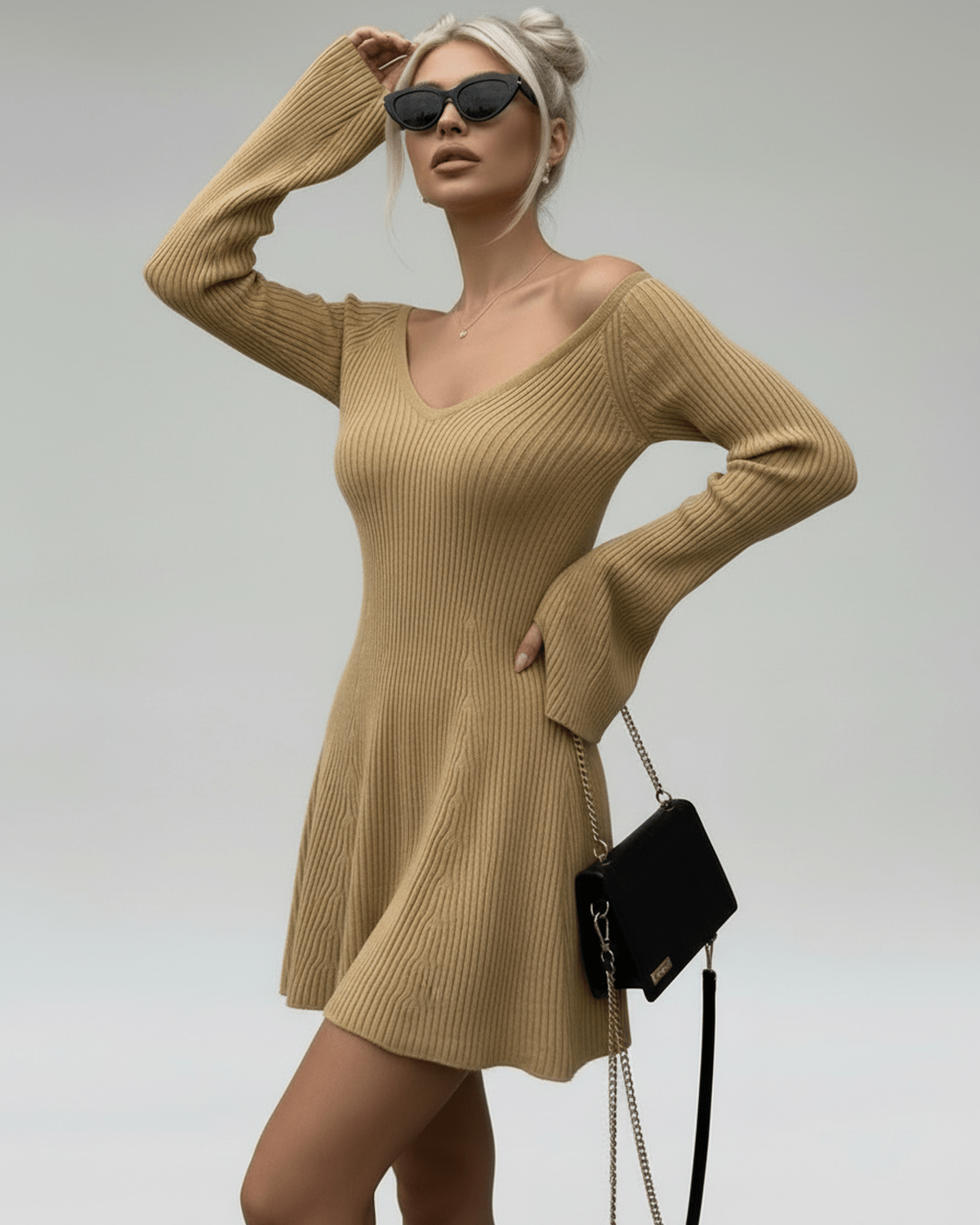 Beige Cotton A-line V-Neck Sleeveless Mini Dress | Evening Events & Casual Wear, front view | Ramblion | SKU: SMD-582739121-camel-L-8806,SMD-582739121-camel-M-8936,SMD-582739121-camel-S-3076,SMD-582739121-camel-XL-1484,SMD-582739121-camel-XS-2973