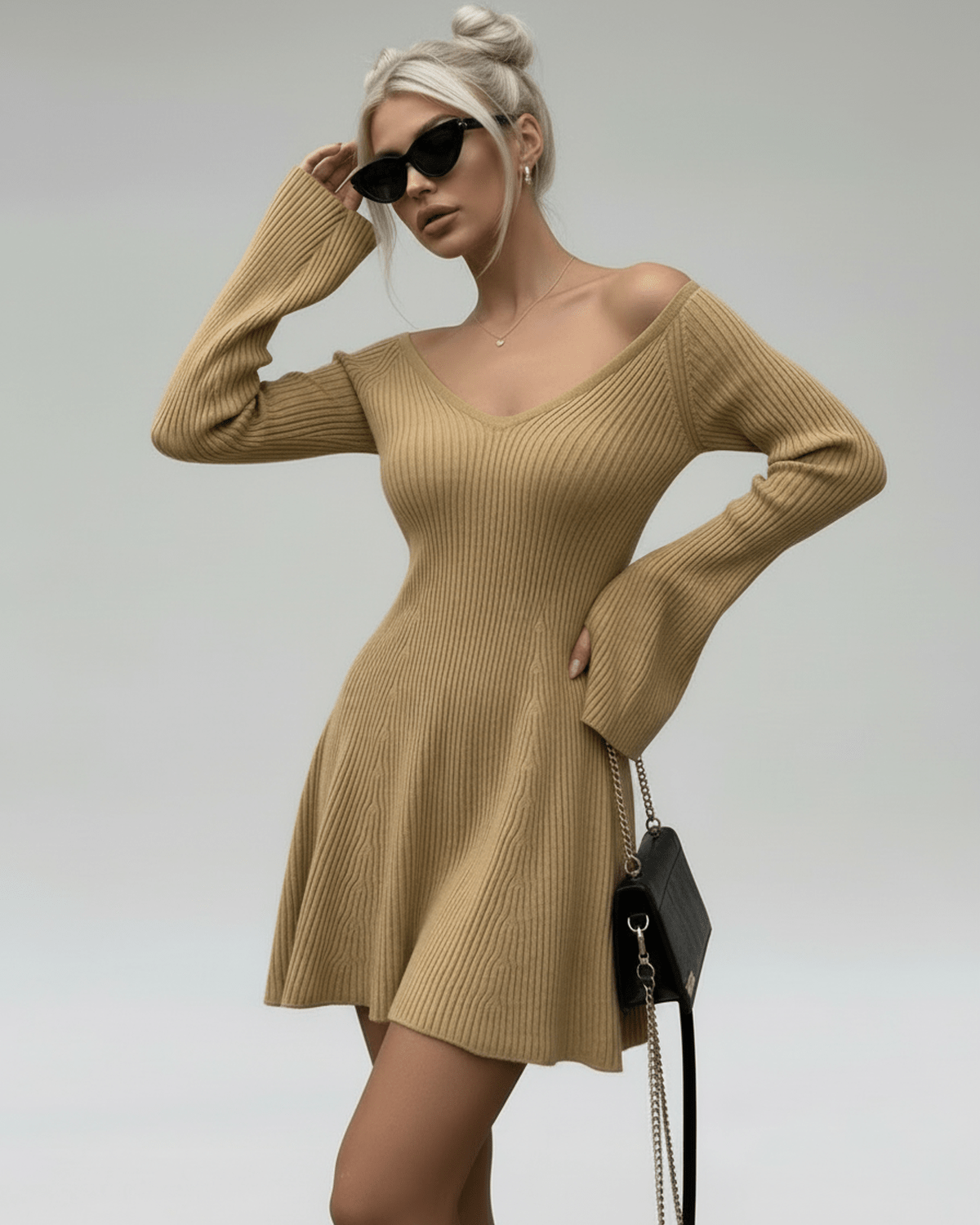 Beige Cotton A-line V-Neck Sleeveless Mini Dress | Evening Events & Casual Wear, front view | Ramblion | SKU: SMD-582739121-camel-L-8806,SMD-582739121-camel-M-8936,SMD-582739121-camel-S-3076,SMD-582739121-camel-XL-1484,SMD-582739121-camel-XS-2973