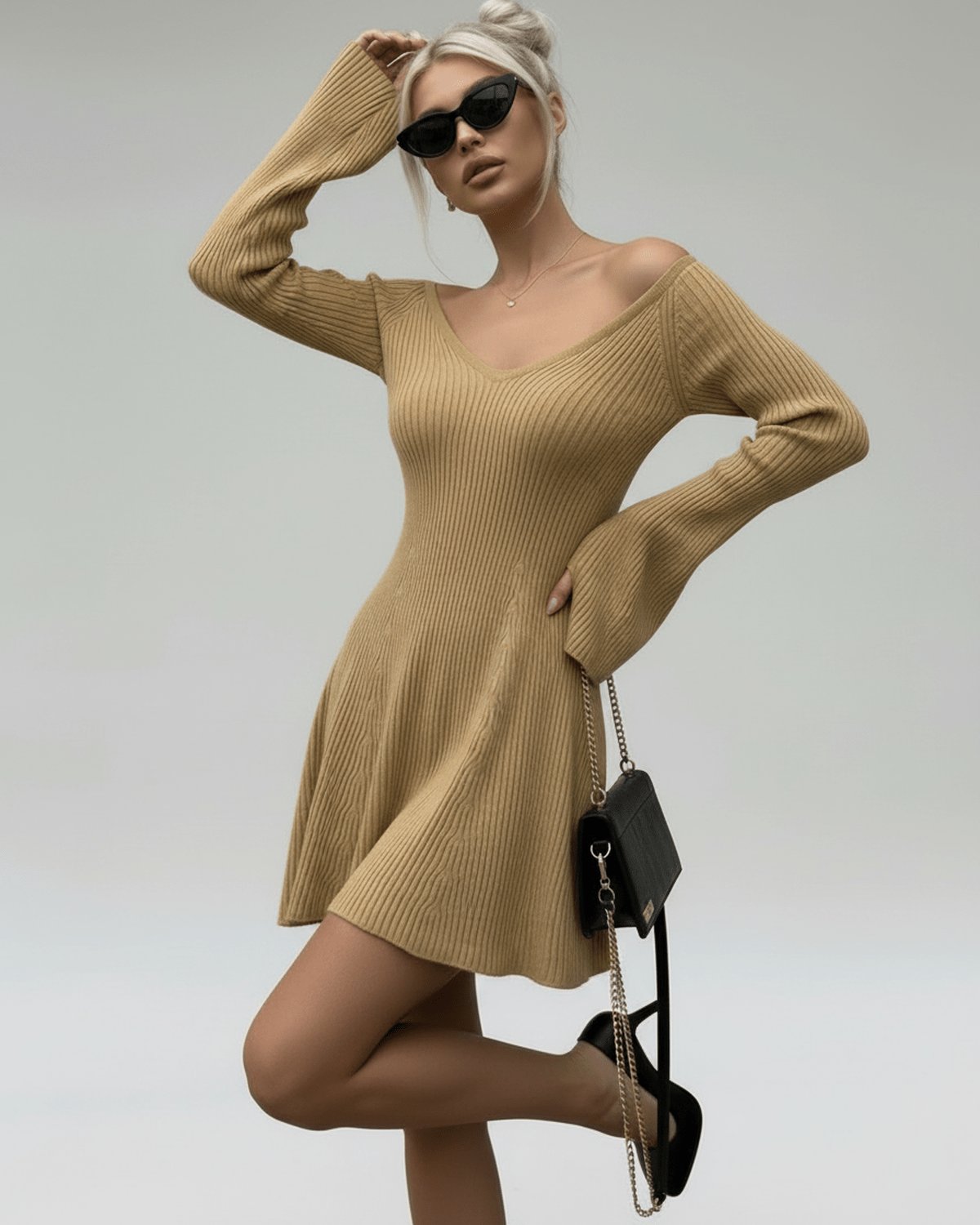 Beige Cotton A-line V-Neck Sleeveless Mini Dress | Evening Events & Casual Wear, front view | Ramblion | SKU: SMD-582739121-camel-L-8806,SMD-582739121-camel-M-8936,SMD-582739121-camel-S-3076,SMD-582739121-camel-XL-1484,SMD-582739121-camel-XS-2973