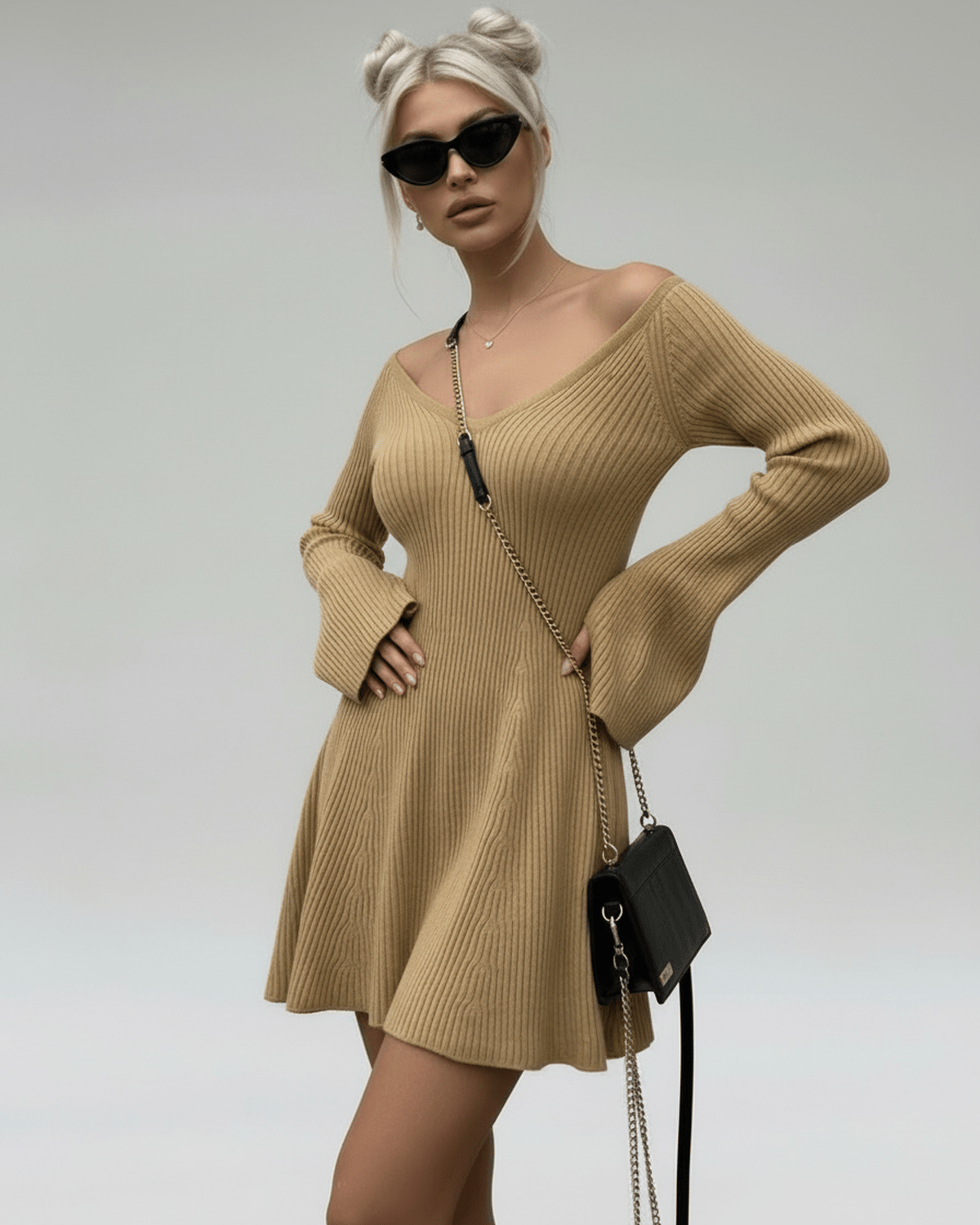 Beige Cotton A-line V-Neck Sleeveless Mini Dress | Evening Events & Casual Wear, front view | Ramblion | SKU: SMD-582739121-camel-L-8806,SMD-582739121-camel-M-8936,SMD-582739121-camel-S-3076,SMD-582739121-camel-XL-1484,SMD-582739121-camel-XS-2973