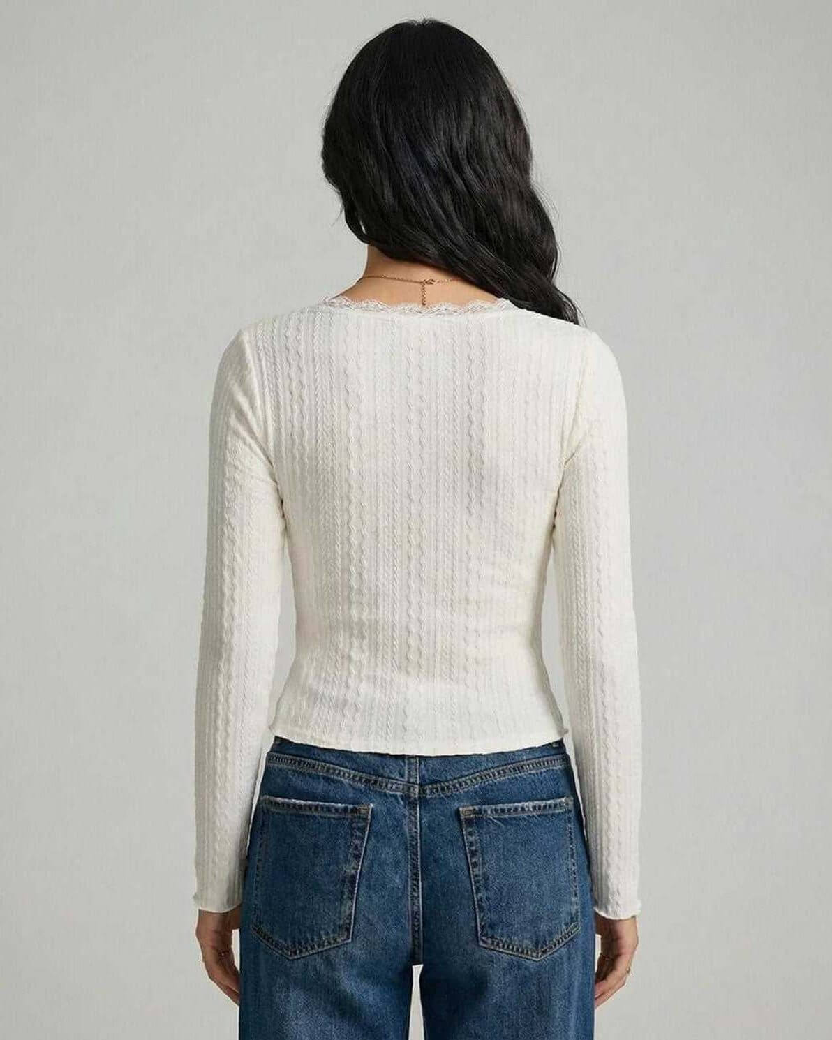 Utia Pullover back view, white textured knit, stylish long sleeves, casual wear by RAMBLION.
