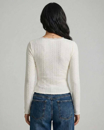 Utia Pullover back view, white textured knit, stylish long sleeves, casual wear by RAMBLION.