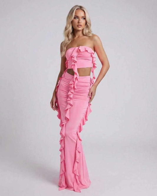 Vadu Maxi Dress: Strapless pink ankle-length dress with ruffles, perfect for summer events by RAMBLION.