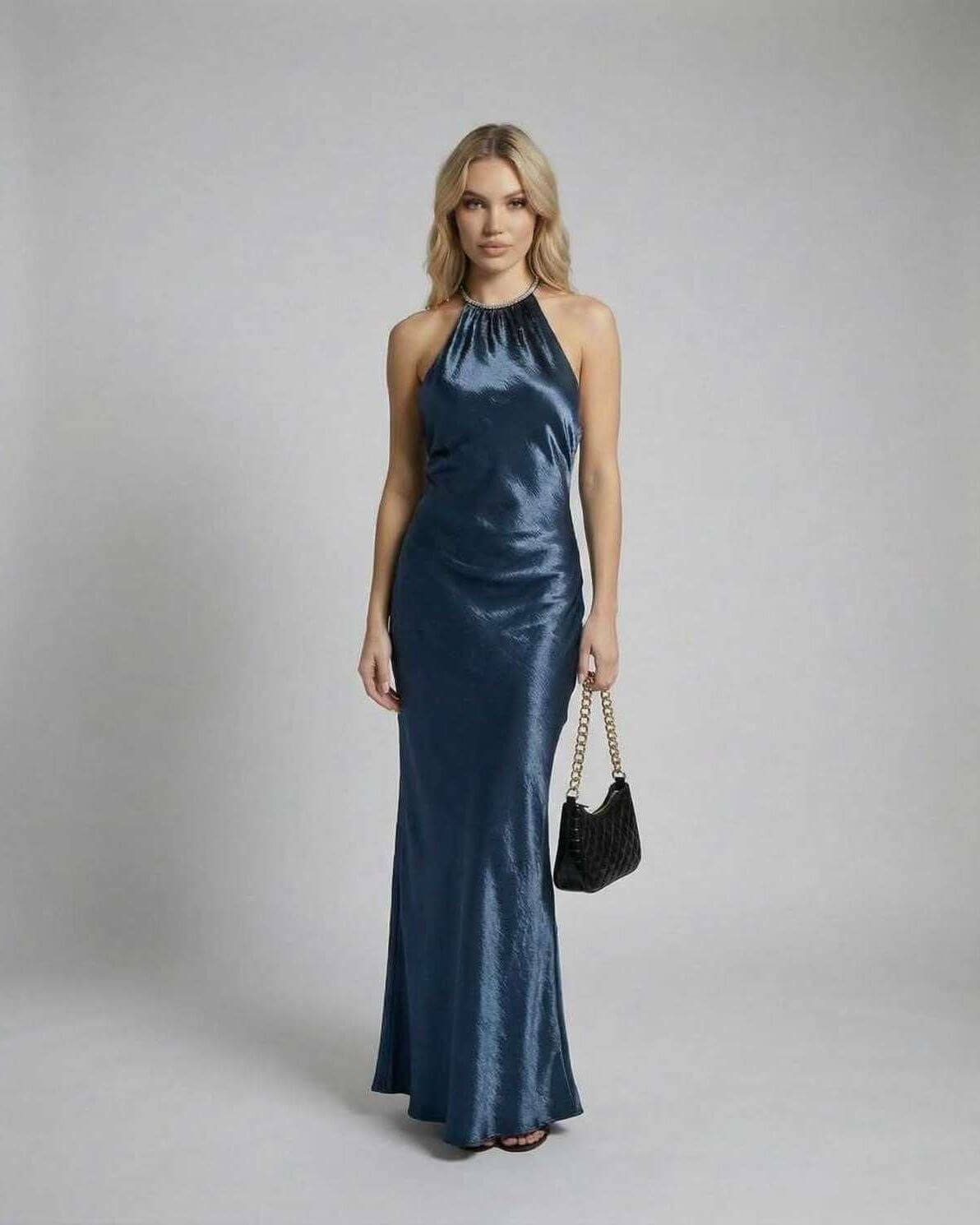Vafi Maxi Dress in radiant blue satin, perfect for evening events, featuring a round neck and elegant floor-length design.