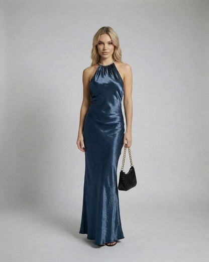 Vafi Maxi Dress in radiant blue satin, perfect for evening events, featuring a round neck and elegant floor-length design.