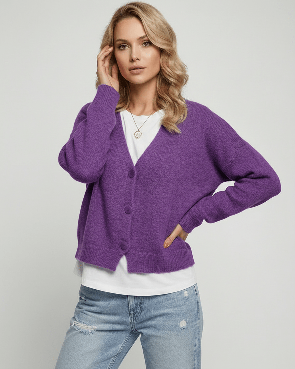 Purple Cardigan, front view | Ramblion | SKU: IC-628374920-purple-L-7025,IC-628374920-purple-M-1379,IC-628374920-purple-S-4056,IC-628374920-purple-XL-9312,IC-628374920-purple-XS-4964
