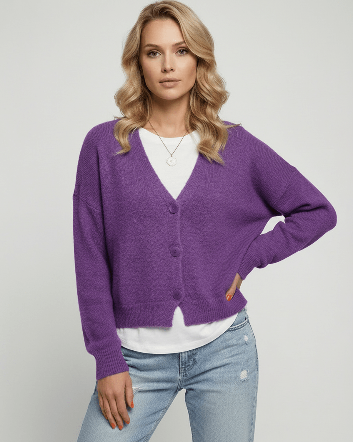 Purple Cardigan, front view | Ramblion | SKU: IC-628374920-purple-L-7025,IC-628374920-purple-M-1379,IC-628374920-purple-S-4056,IC-628374920-purple-XL-9312,IC-628374920-purple-XS-4964