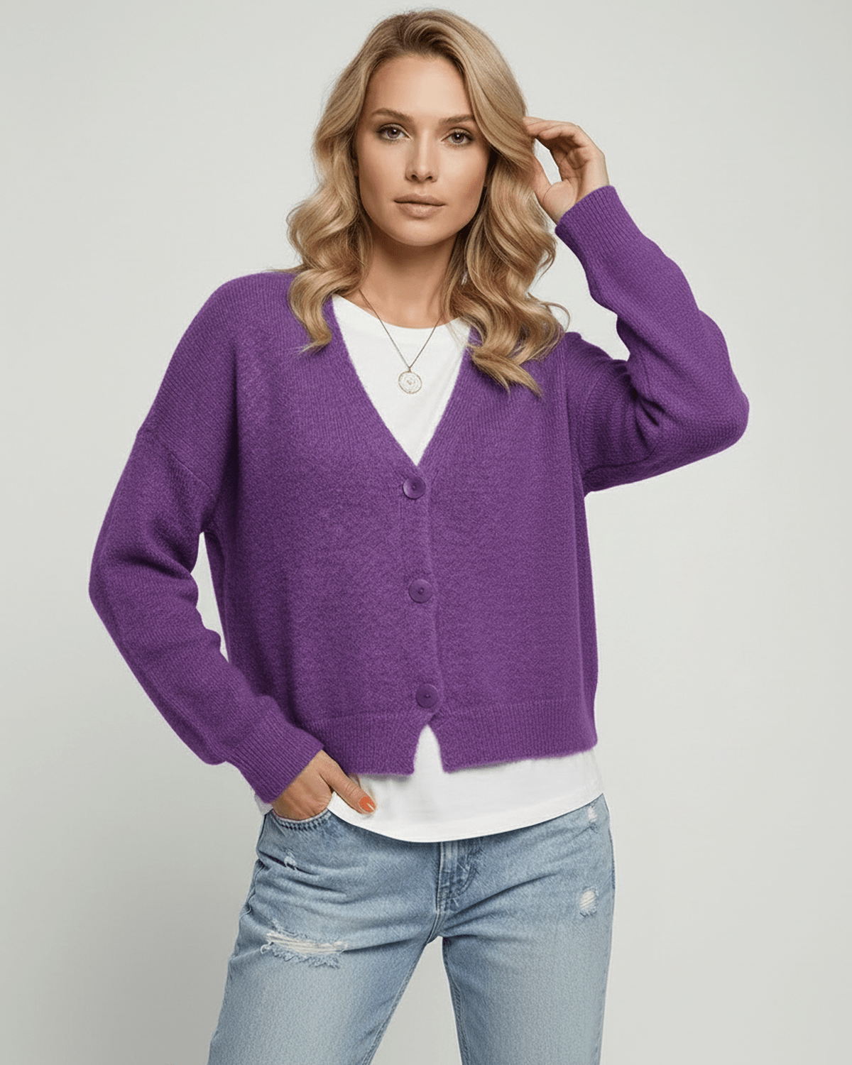 Purple Cardigan, front view | Ramblion | SKU: IC-628374920-purple-L-7025,IC-628374920-purple-M-1379,IC-628374920-purple-S-4056,IC-628374920-purple-XL-9312,IC-628374920-purple-XS-4964