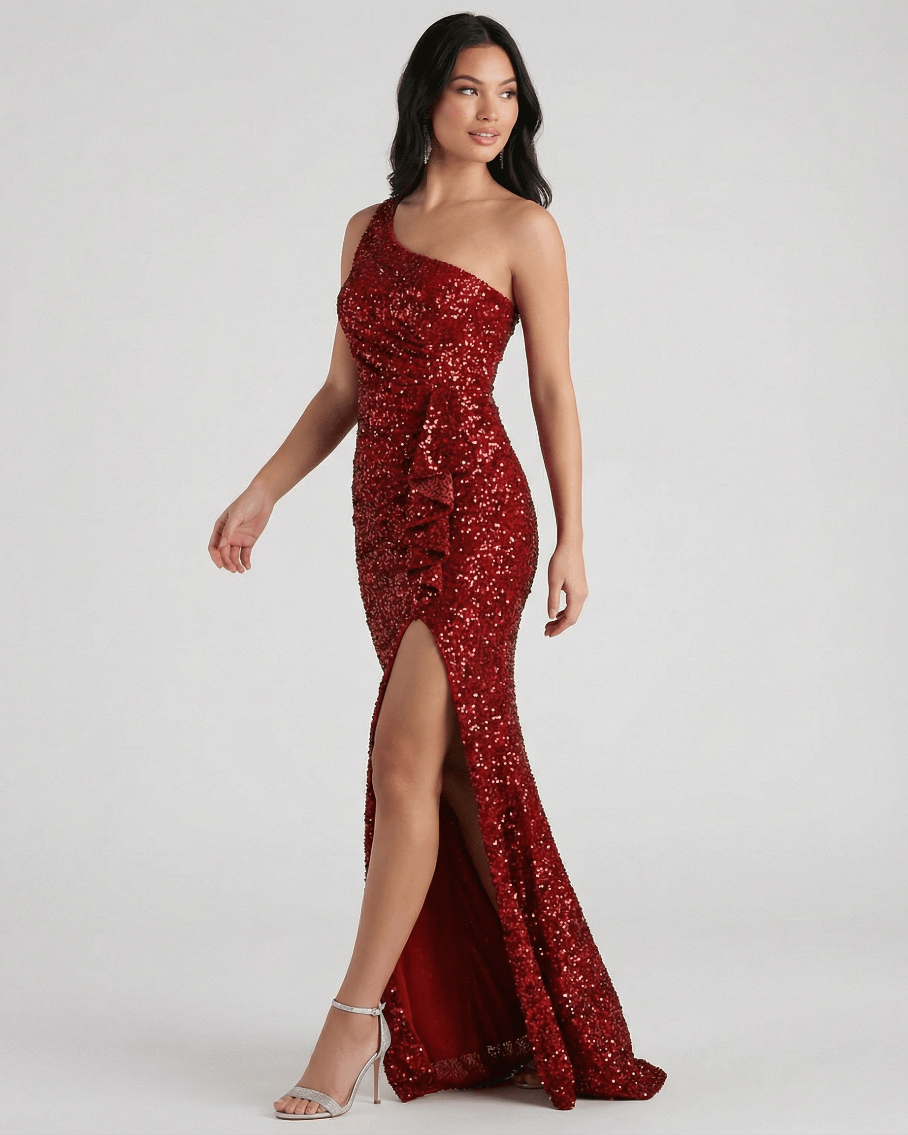 Vafo Maxi Dress in red satin sequin, one shoulder, elegant fit for formal events by RAMBLION.