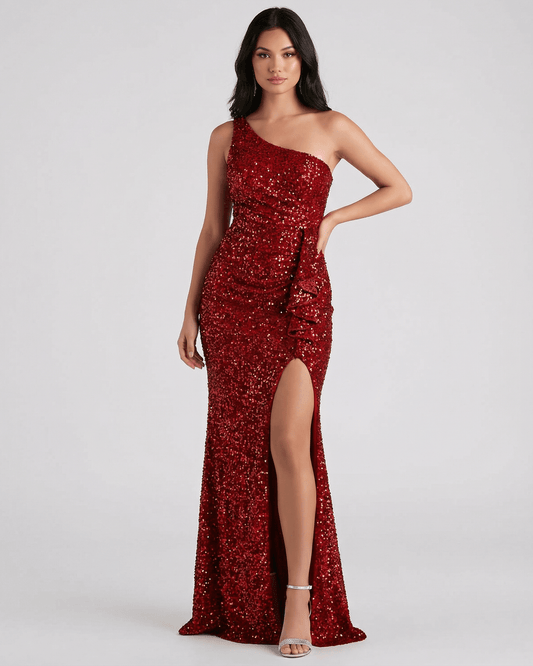 Vafo Maxi Dress - Red Ankle-Length, One Shoulder, Sequin Finish, Perfect for Formal Occasions by RAMBLION.