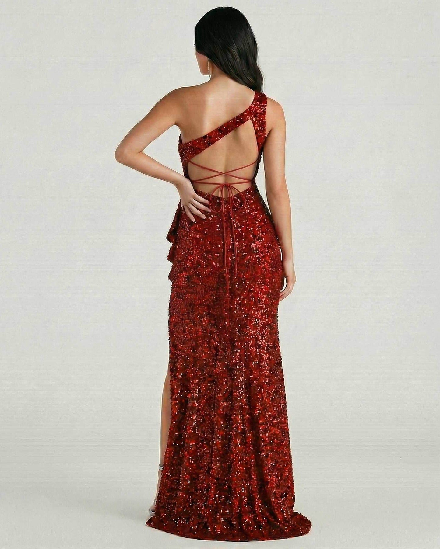 Back view of Vafo Maxi Dress, striking red, one shoulder, elegant sequin finish, perfect for formal events by RAMBLION.