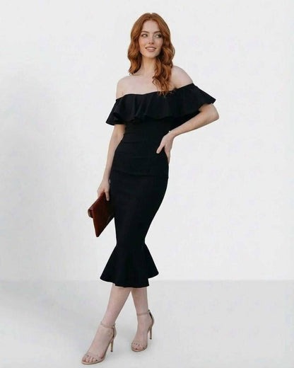 Vafu Midi Dress - Black satin, ruffled off-shoulder, elegant for special occasions, by RAMBLION.