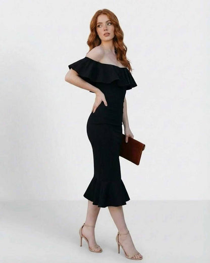 Vafu Midi Dress black satin, ruffled off-shoulder design, perfect for elegant occasions, by RAMBLION.