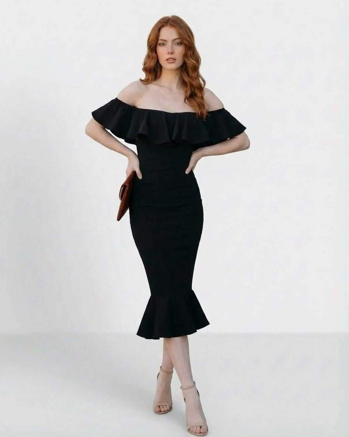 Vafu Midi Dress - Black Satin, Off-Shoulder Ruffle, Chic Elegance, Ideal for Formal Events, by RAMBLION.