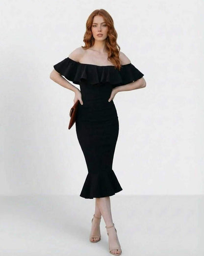 Vafu Midi Dress - Black Satin, Off-Shoulder Ruffle, Chic Elegance, Ideal for Formal Events, by RAMBLION.