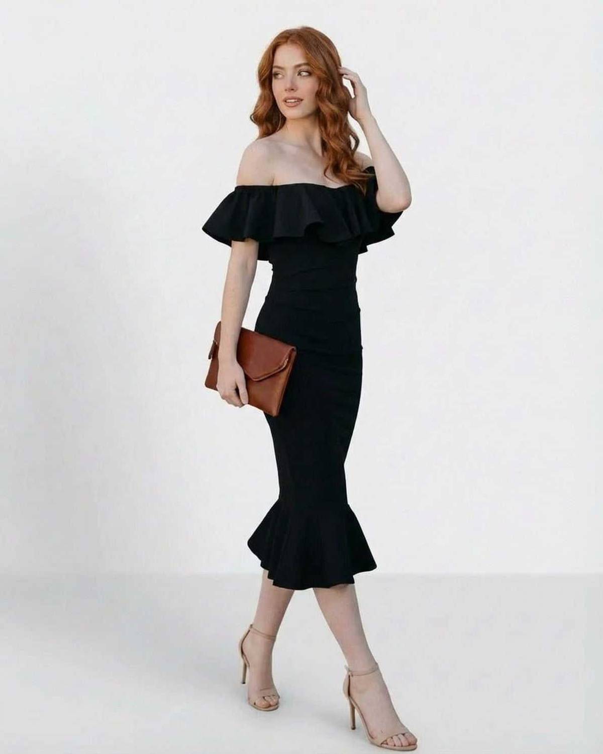 Vafu Midi Dress, black satin, off-shoulder ruffled neckline, chic silhouette, elegant style, by RAMBLION