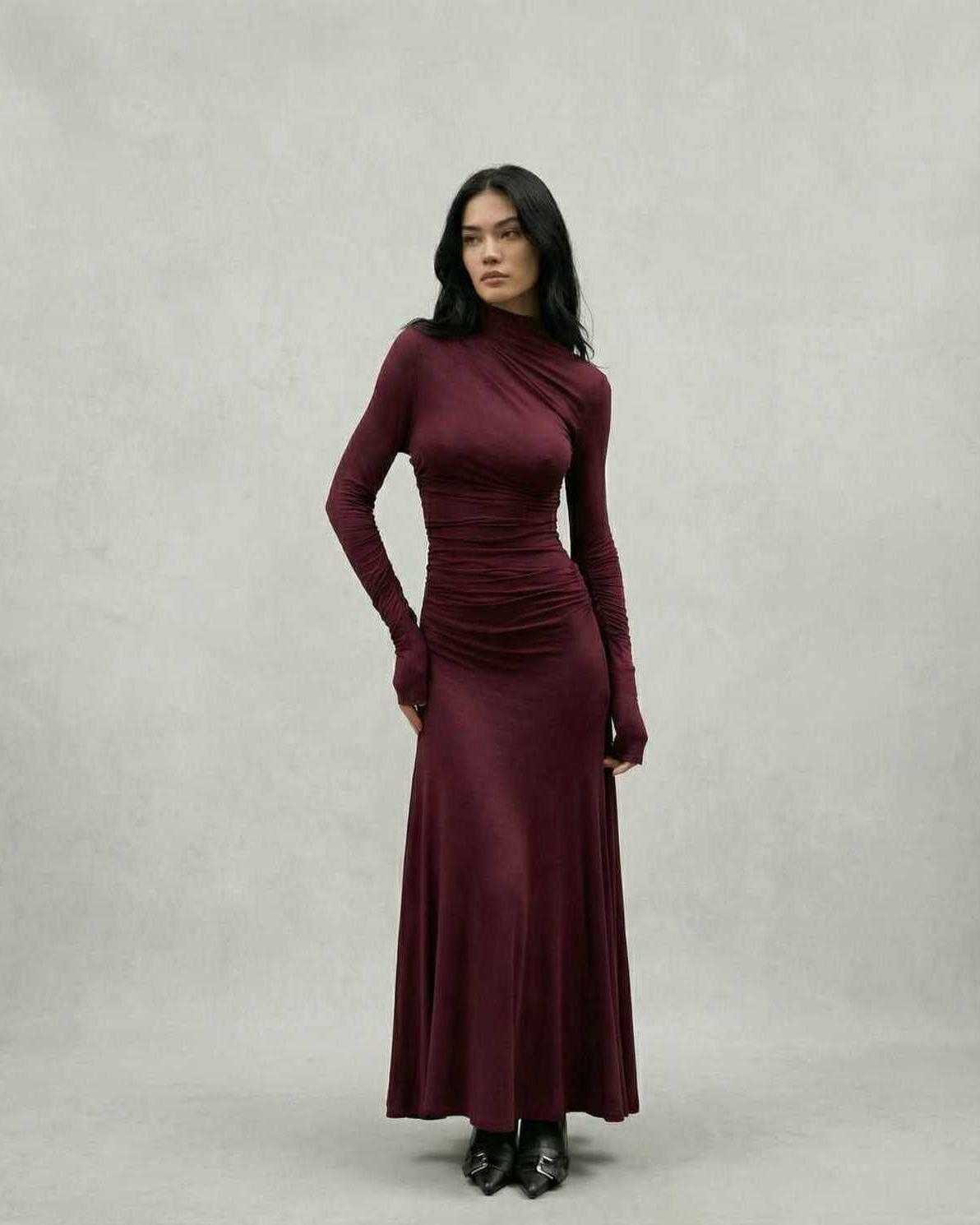 Vafy Maxi Dress in rich burgundy, 100% polyester, elegant silhouette perfect for evening wear, RAMBLION brand.