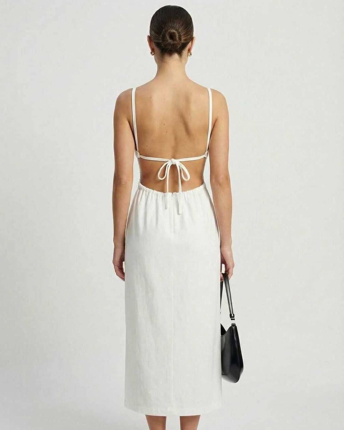 Vaga Midi Dress by RAMBLION, white back view, strappy design, perfect for summer occasions, elegant and stylish.