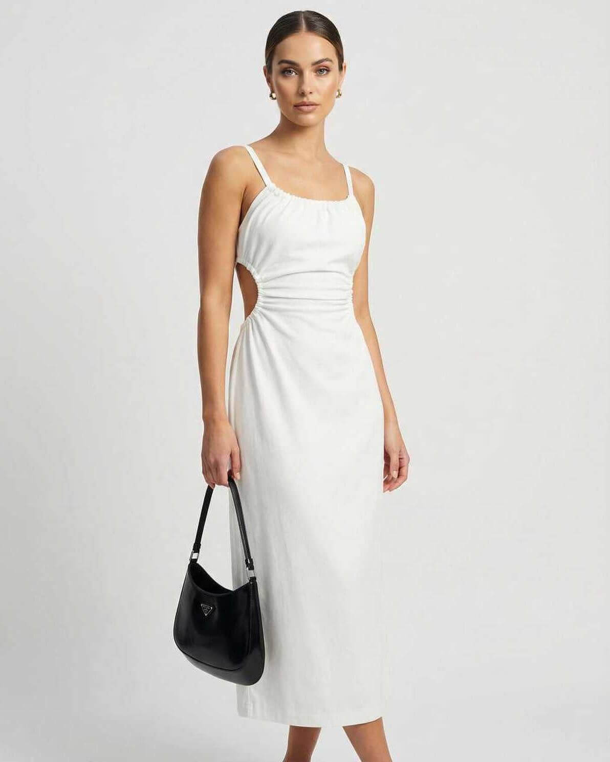 Vaga Midi Dress in white, featuring ruched design and comfortable fit, perfect for summer occasions, by RAMBLION.