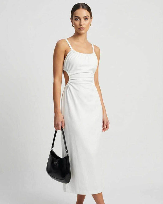 Vaga Midi Dress in white, featuring ruched design and comfortable fit, perfect for summer occasions, by RAMBLION.