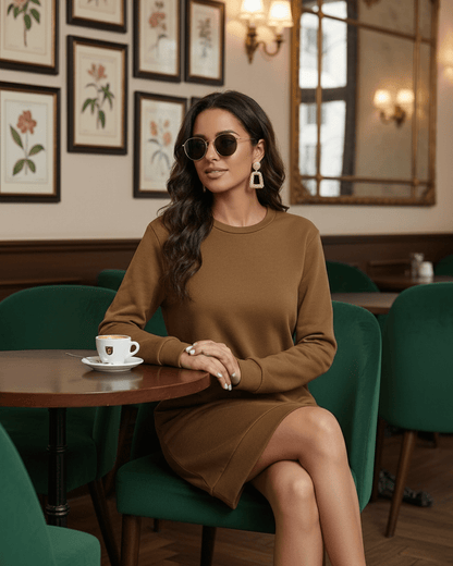 Vaia Mini Dress in brown, relaxing at a café, perfect for casual outings. By RAMBLION.