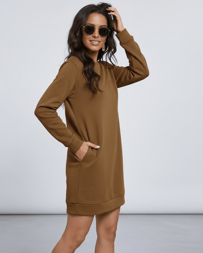 Vaia Mini Dress in rich brown, 100% cotton, relaxed fit, perfect for casual outings by RAMBLION.