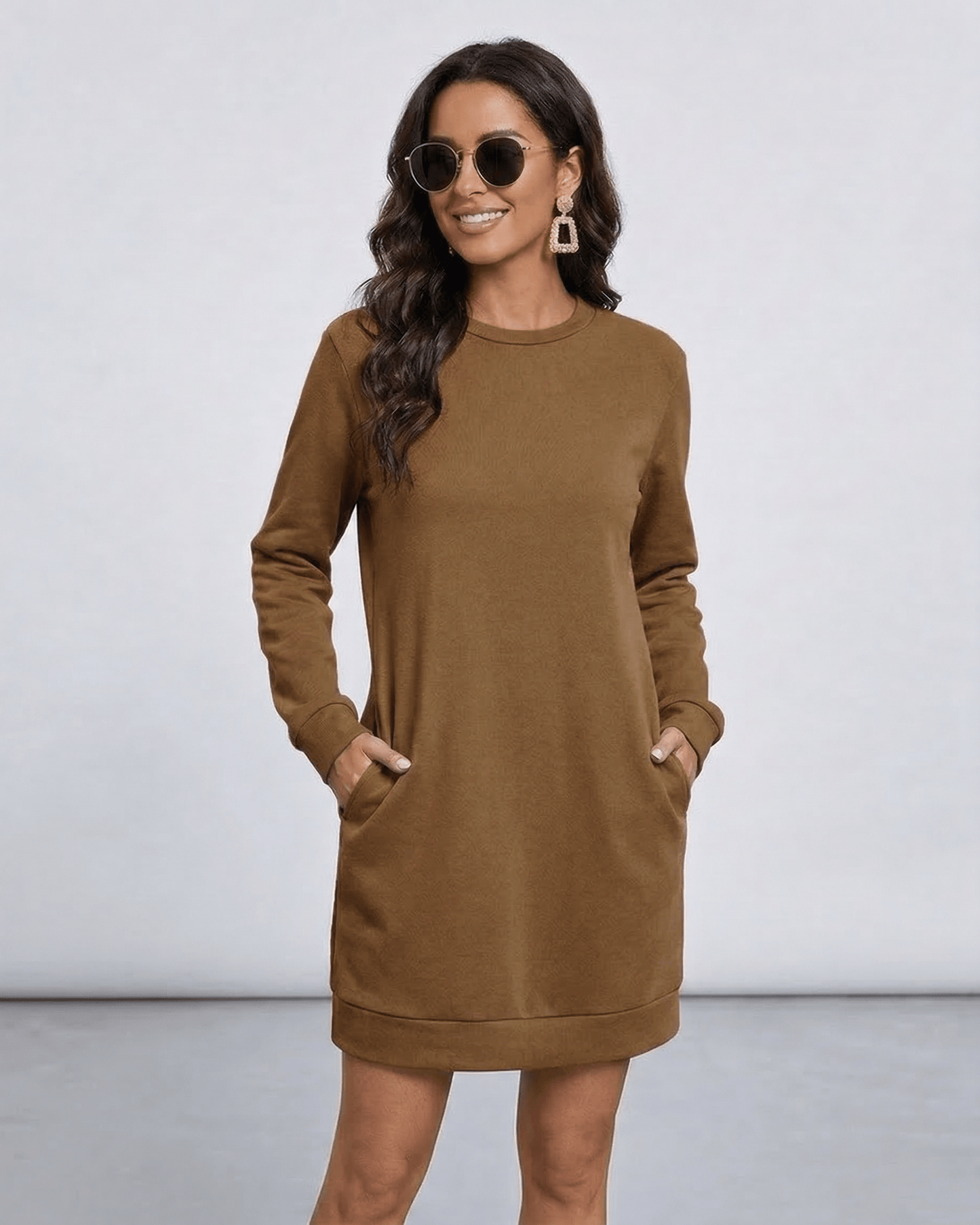 Vaia Mini Dress in warm brown, 100% cotton, casual relaxed fit, perfect for laid-back occasions by RAMBLION.