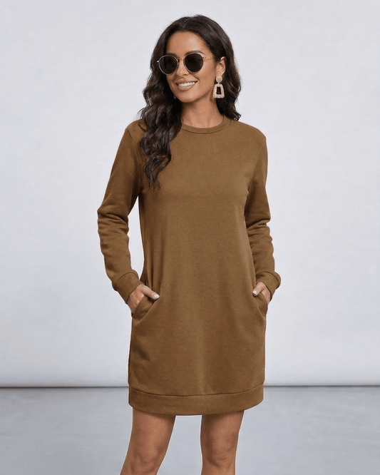 Vaia Mini Dress in warm brown, 100% cotton, casual relaxed fit, perfect for laid-back occasions by RAMBLION.