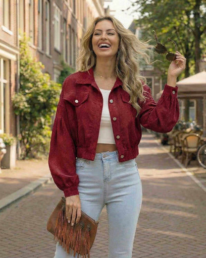 Valencia Jacket – Women’s Red Cropped Jacket with Lantern Sleeves by RAMBLION, styled with jeans and casual accessories.