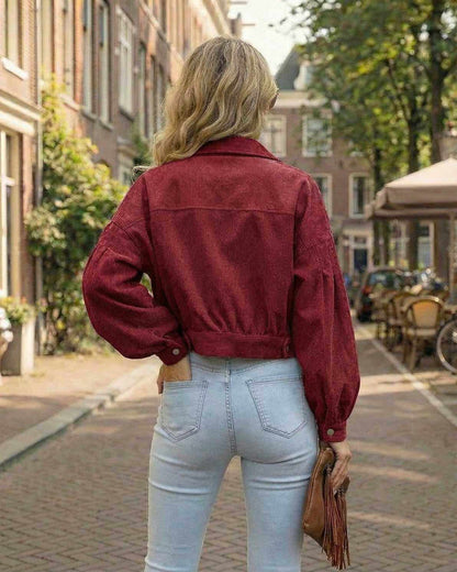 Valencia Jacket - Women's red cropped jacket with lantern sleeves, showcasing a relaxed silhouette.