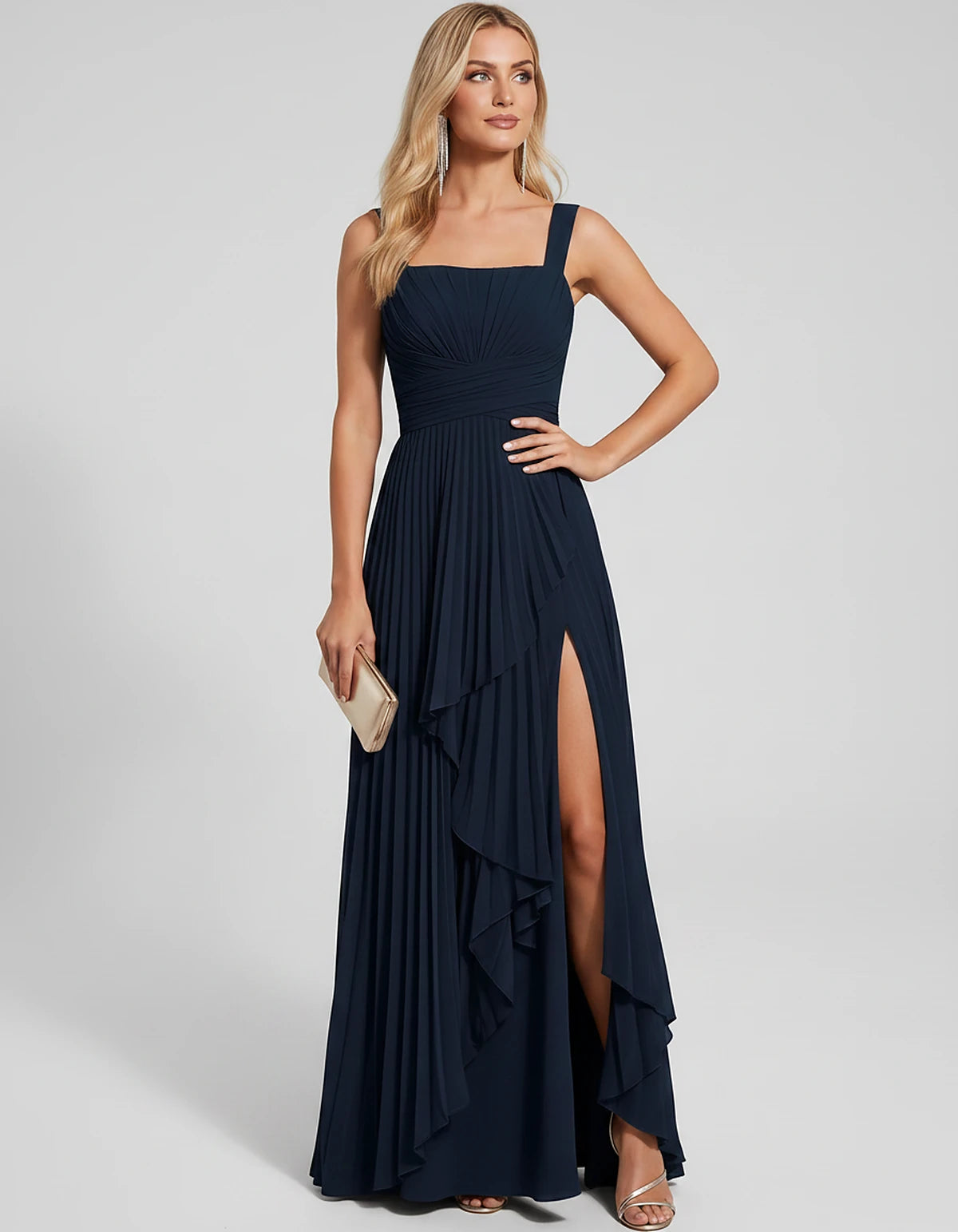 Pleated Chiffon Sleeveless Square Neck A-Line Maxi Dress for Party, Cocktail, Evening, Wedding Guest, Bridesmaid & Summer Eve