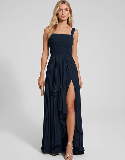 Pleated Chiffon Sleeveless Square Neck A-Line Maxi Dress for Party, Cocktail, Evening, Wedding Guest, Bridesmaid & Summer Eve