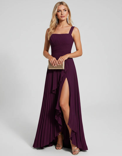 Pleated Chiffon Sleeveless Square Neck A-Line Maxi Dress for Party, Cocktail, Evening, Wedding Guest, Bridesmaid & Summer Eve