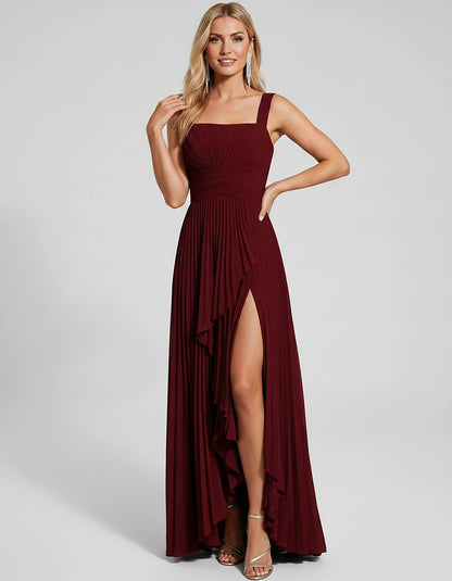 Pleated Chiffon Sleeveless Square Neck A-Line Maxi Dress for Party, Cocktail, Evening, Wedding Guest, Bridesmaid & Summer Eve