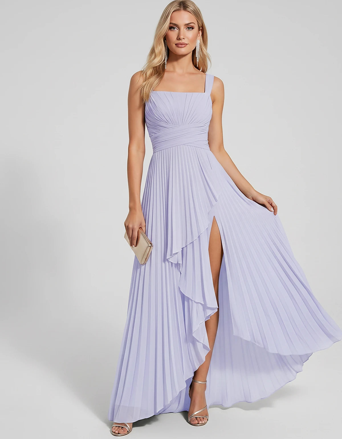 Pleated Chiffon Sleeveless Square Neck A-Line Maxi Dress for Party, Cocktail, Evening, Wedding Guest, Bridesmaid & Summer Eve