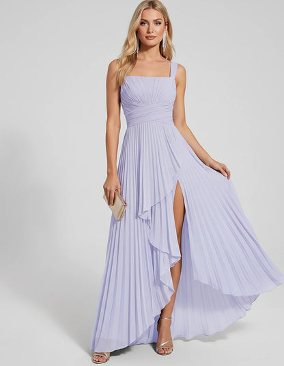 Pleated Chiffon Sleeveless Square Neck A-Line Maxi Dress for Party, Cocktail, Evening, Wedding Guest, Bridesmaid & Summer Eve