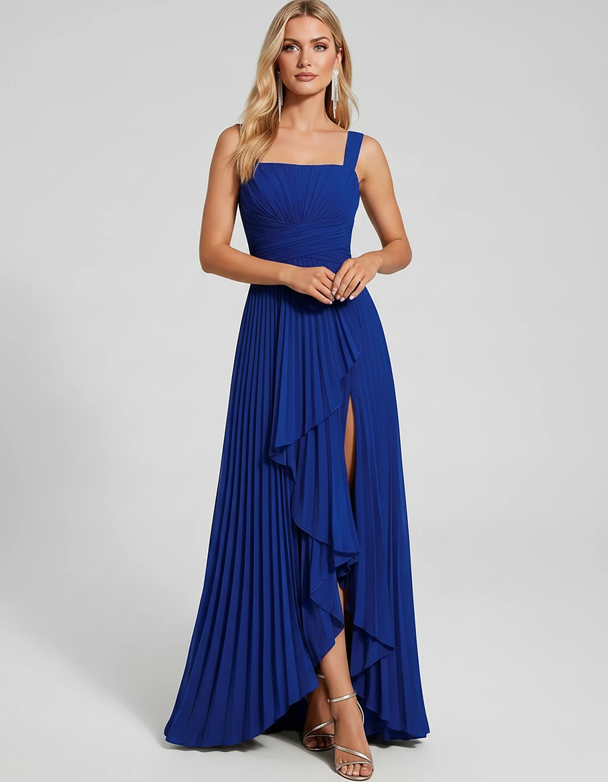 Pleated Chiffon Sleeveless Square Neck A-Line Maxi Dress for Party, Cocktail, Evening, Wedding Guest, Bridesmaid & Summer Eve