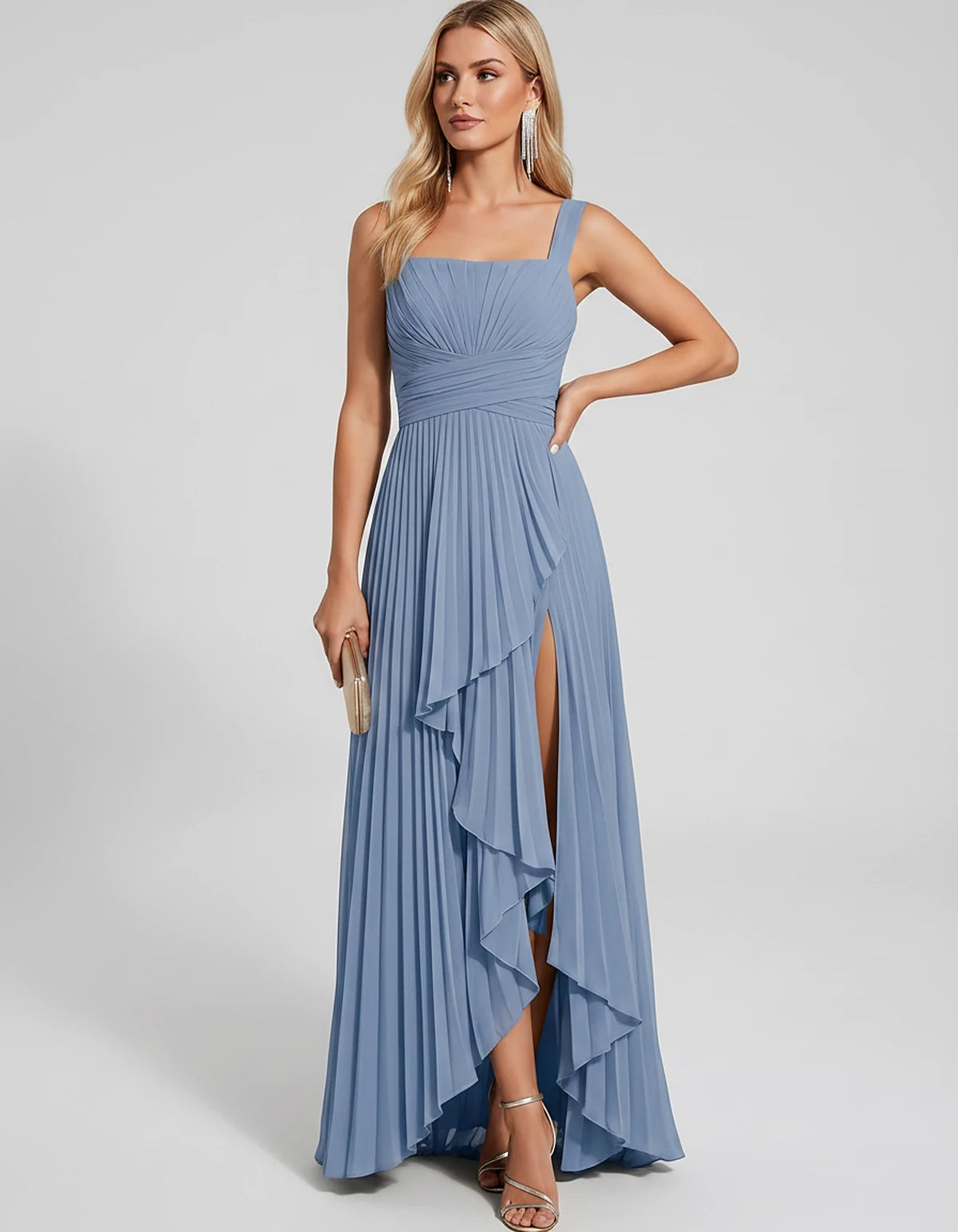 Pleated Chiffon Sleeveless Square Neck A-Line Maxi Dress for Party, Cocktail, Evening, Wedding Guest, Bridesmaid & Summer Eve