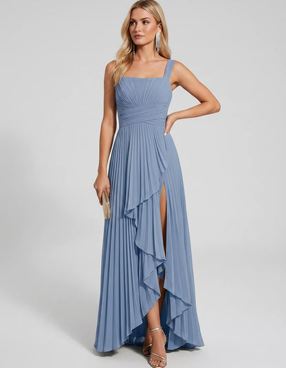 Pleated Chiffon Sleeveless Square Neck A-Line Maxi Dress for Party, Cocktail, Evening, Wedding Guest, Bridesmaid & Summer Eve
