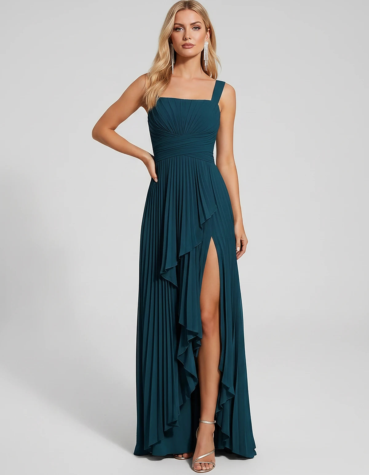 Pleated Chiffon Sleeveless Square Neck A-Line Maxi Dress for Party, Cocktail, Evening, Wedding Guest, Bridesmaid & Summer Eve