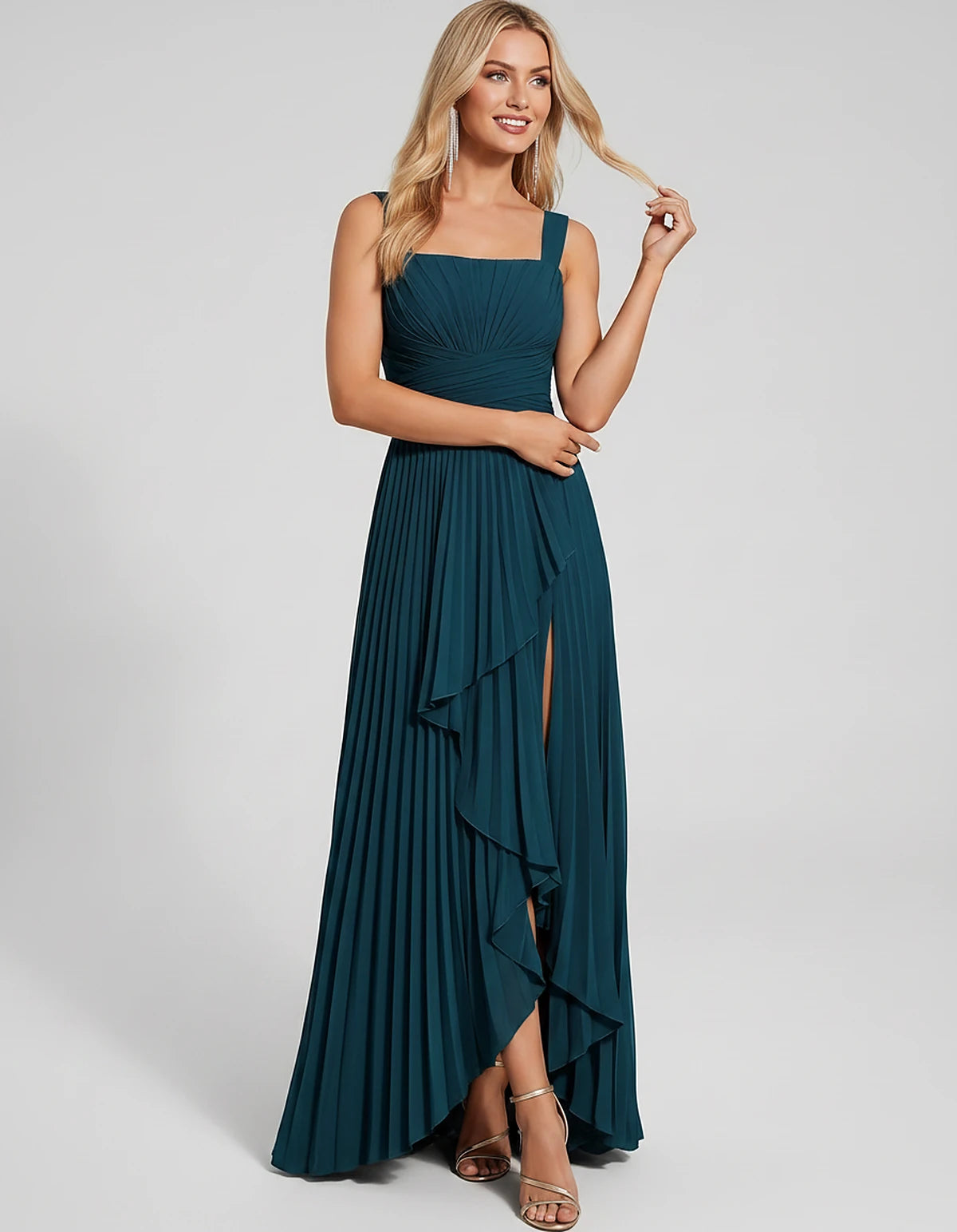 Pleated Chiffon Sleeveless Square Neck A-Line Maxi Dress for Party, Cocktail, Evening, Wedding Guest, Bridesmaid & Summer Eve